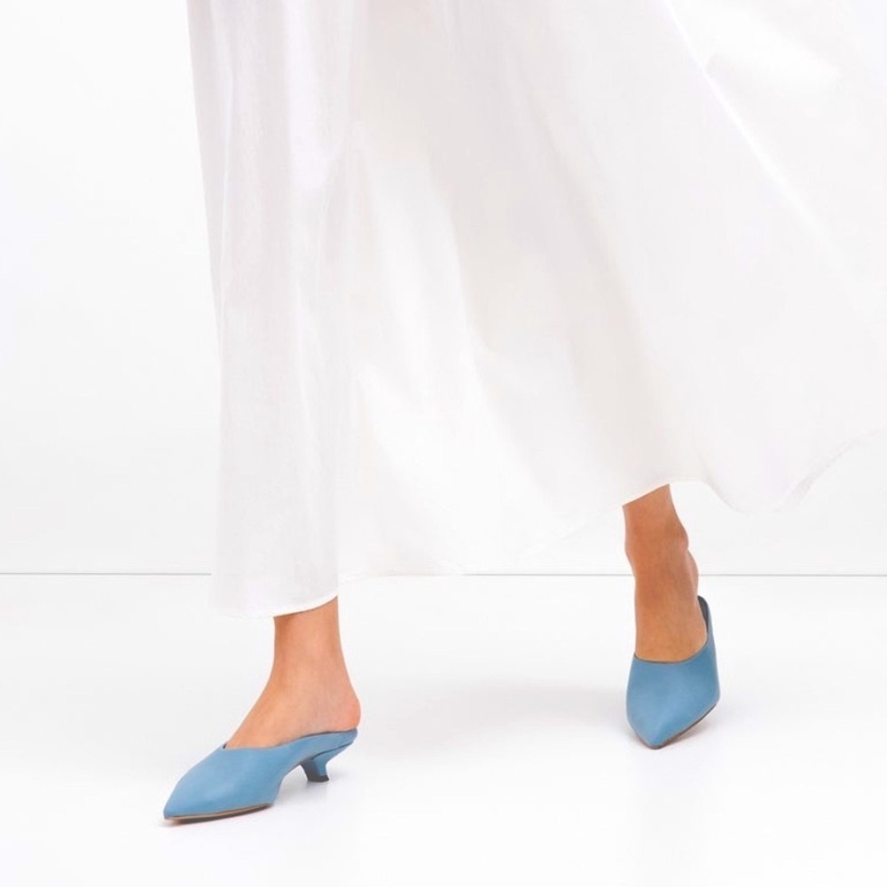 Sky Santorini Blue Leather Pointed Kitten Heels - Celeste Mules Marcella